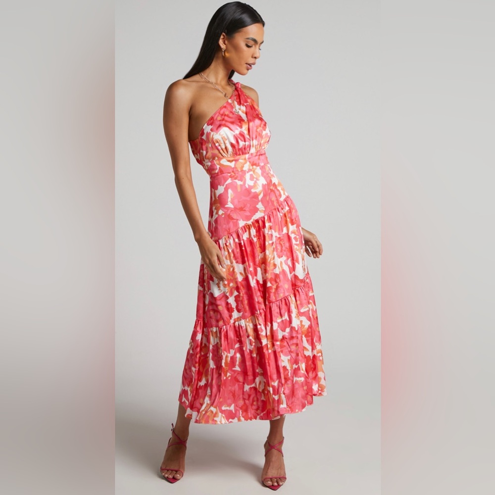 GEORGINE MIDI DRESS - ONE SHOULDER RUCHED TIERED DRESS IN PEONY BLOSSOM